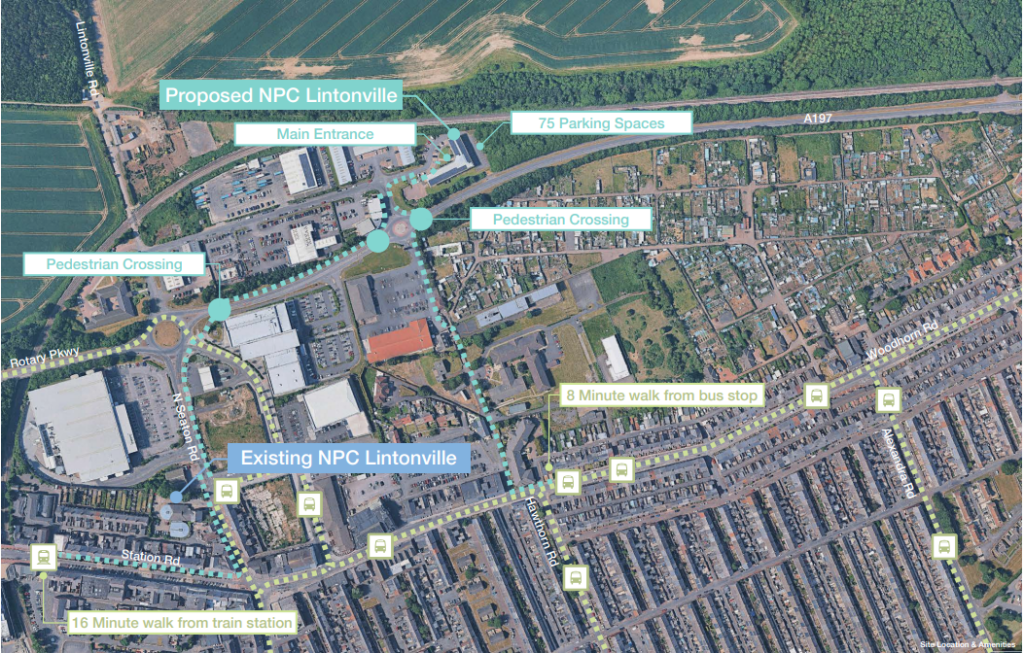 Location of propose NPC Lintonville site and local amenities, including an 8 minute walk from a bus stop, 75 parking spaces, pedestrian crosses and a 16 minute walk from the train station. 